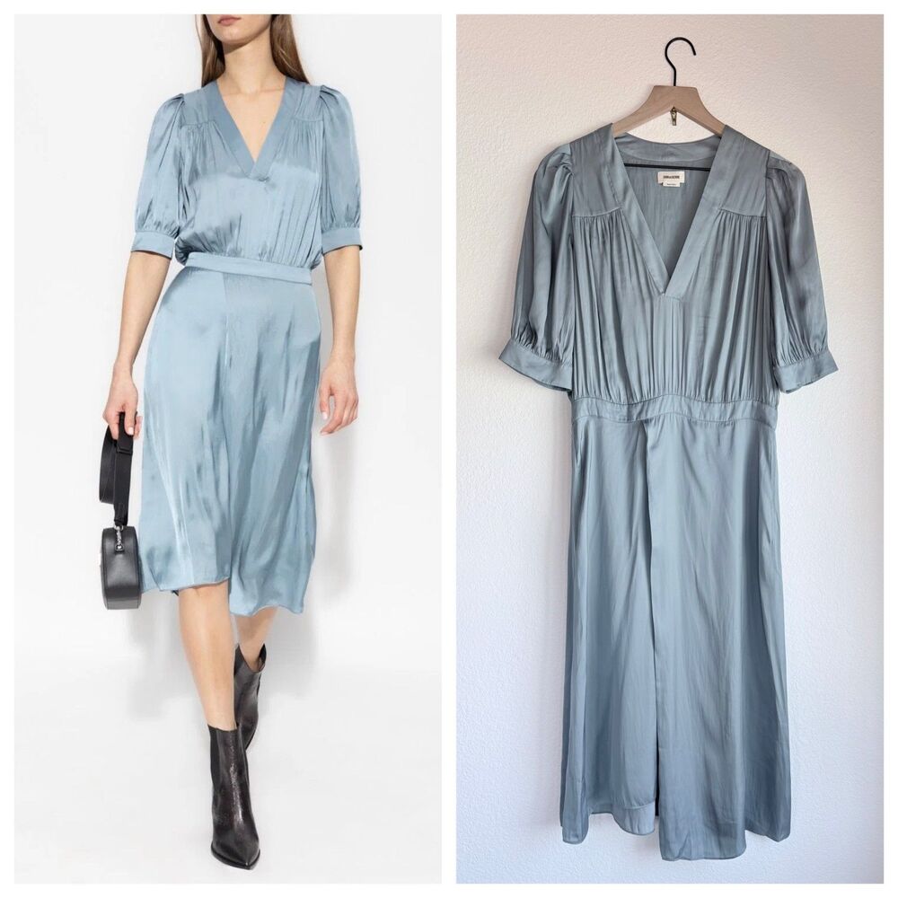 NEW Zadig & Voltaire Ralia Satin Midi Dress Blue Tonnerre Size L Large NWT